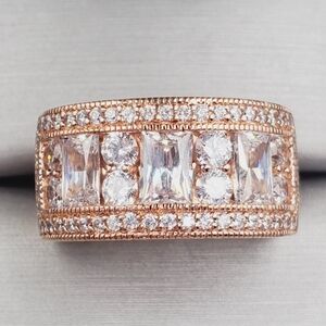 18k Rose Gold - 925 Sterling Silver Diamond Simulants Band Ring